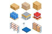Isometric set of Storage equipment isometric icons. Shipping vector icons with boxes, container and warehouse shelves with boxes. Vector flat illustration