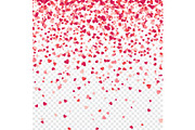 Heart confetti. Valentines, Womens, Mothers day background with falling red and pink paper hearts, petals. Greeting wedding card. February 14, love.Transparent background.