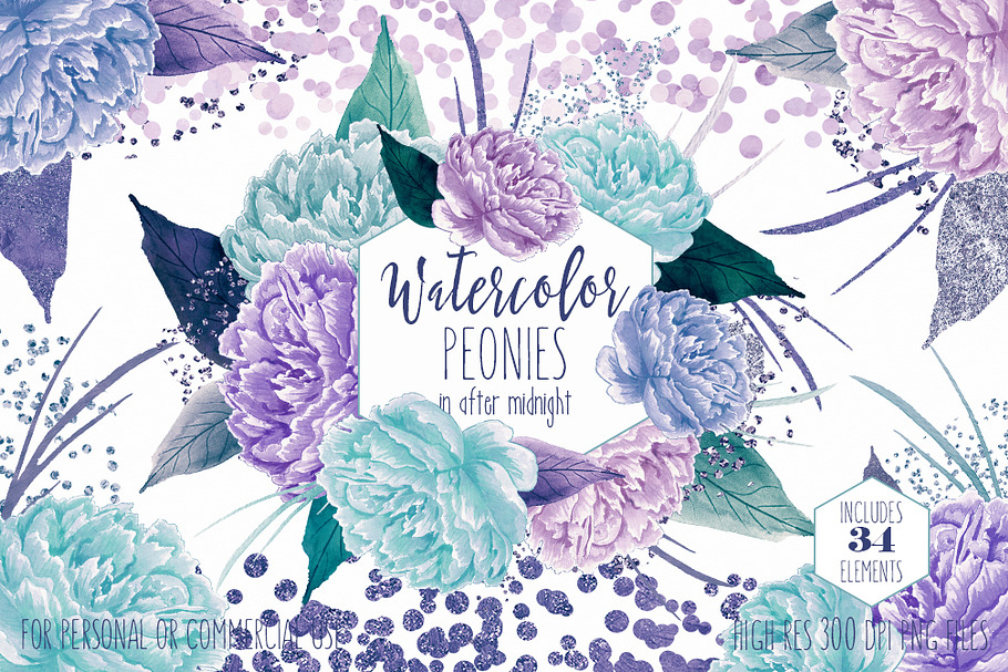 Watercolor Peony Flowers Teal Purple in Illustrations - product preview 8