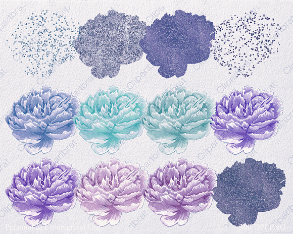 Watercolor Peony Flowers Teal Purple in Illustrations - product preview 2
