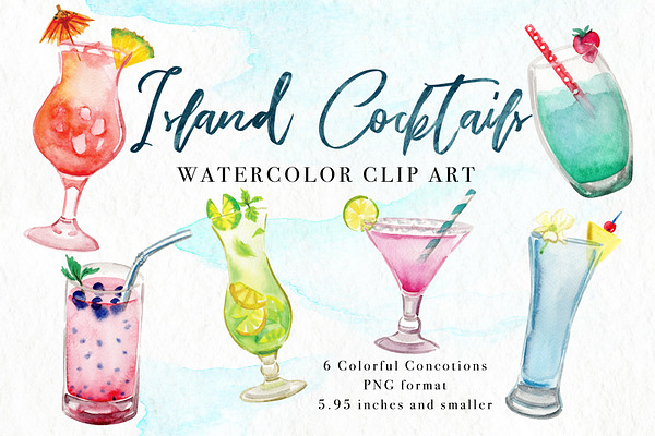 Island Cocktails Watercolor Clip Art