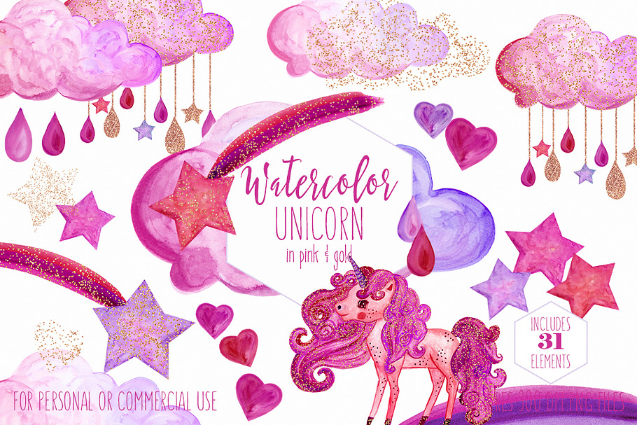 Pink & Gold Rainbow Unicorn Clipart