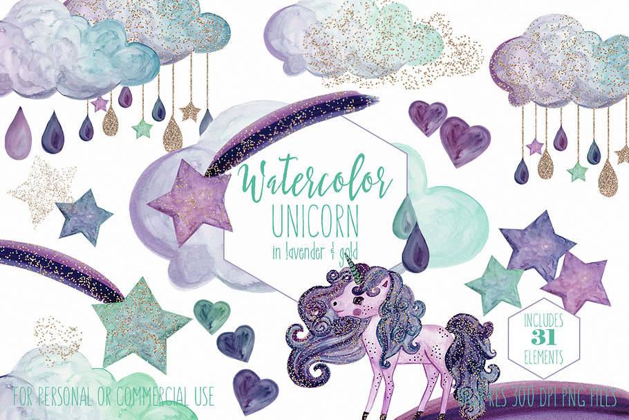 Mint & Gold Rainbow Unicorn Clipart in Illustrations - product preview 8