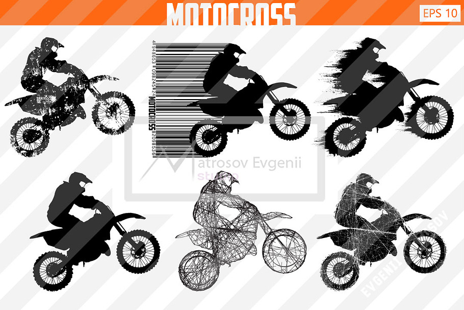 Silhouette of a motocross rider. Set