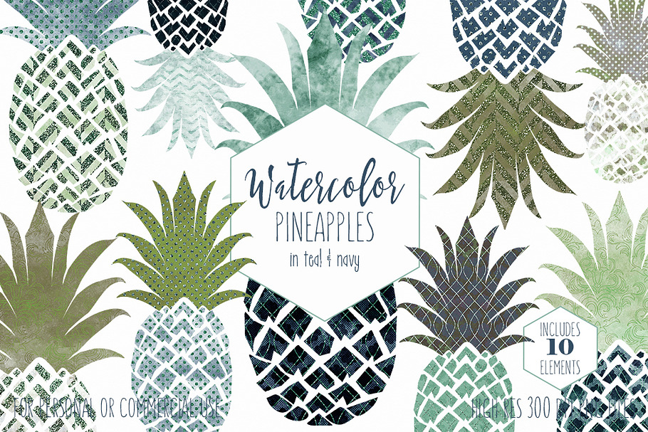 Teal & Navy Blue Pineapple Clipart in Illustrations - product preview 8