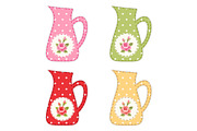 Set of retro jugs with roses as applique in shabby chic style