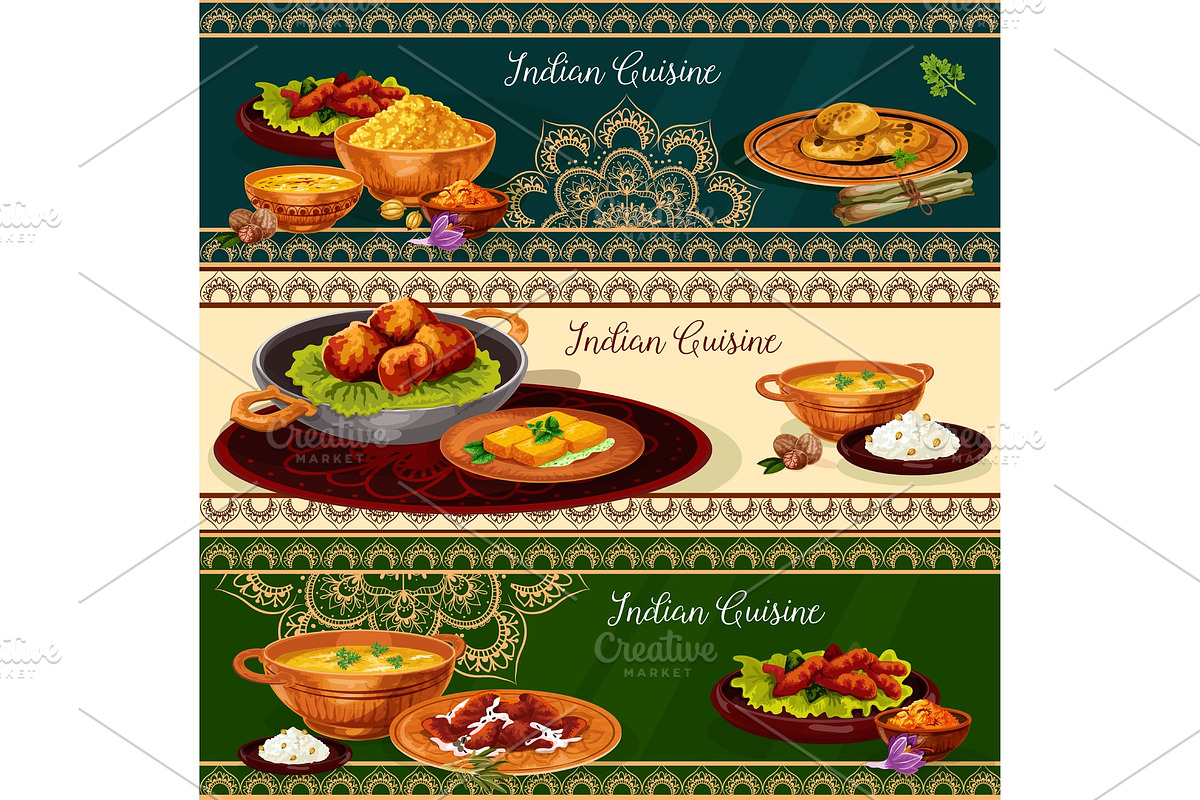 Indian cuisine spicy lunch dishes banner set in Illustrations - product preview 8
