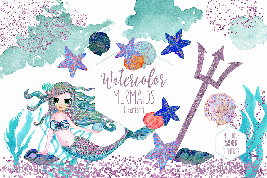 Cute Watercolor Mermaids & Glitter