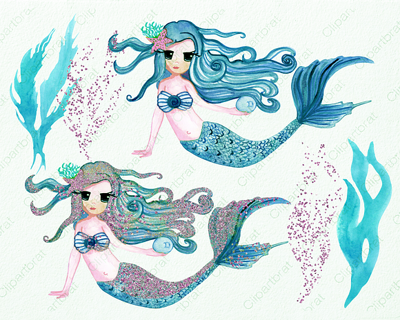 Cute Watercolor Mermaids & Glitter in Illustrations - product preview 1