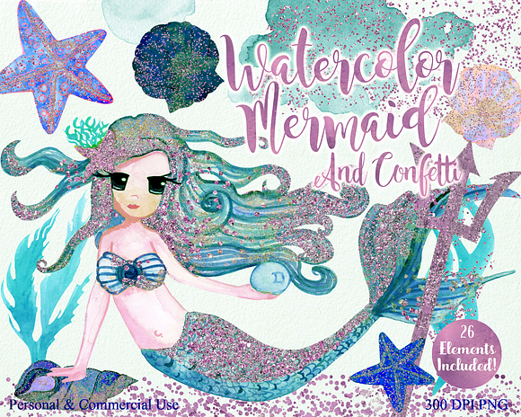 Cute Watercolor Mermaids & Glitter in Illustrations - product preview 5