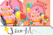 Baby birthday card with teddy bear,