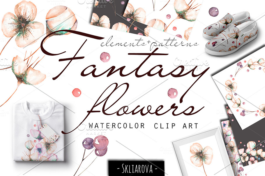 Fantasy flowers. Watercolor clip art