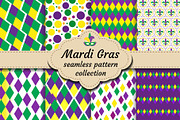 Mardi Gras set of abstract geometric pattern. Collection Purple, yellow, green rhombus repeating texture. Endless background, wallpaper, backdrop. Vector illustration