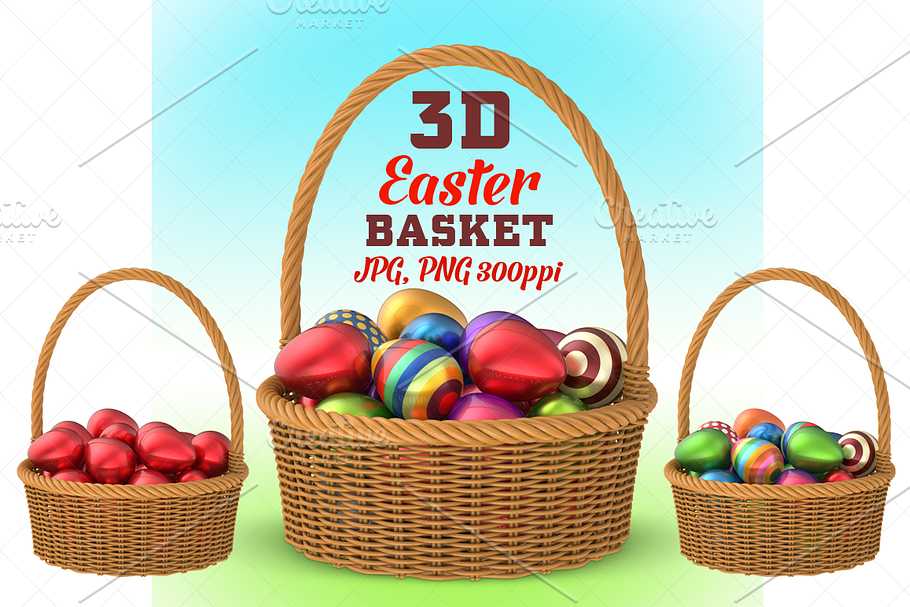 Wicker Basket with Easter Eggs - 3D