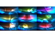 Set of abstract backgrounds - geometric neon glowing glass hexagons designs