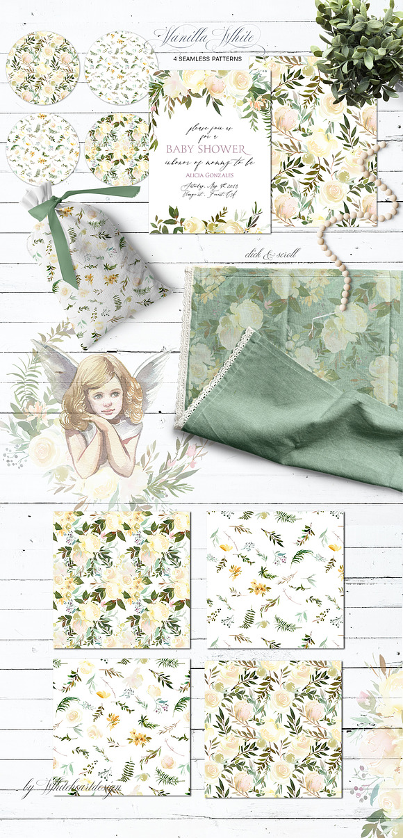 Vanilla White Watercolor Flowers  in Illustrations - product preview 5