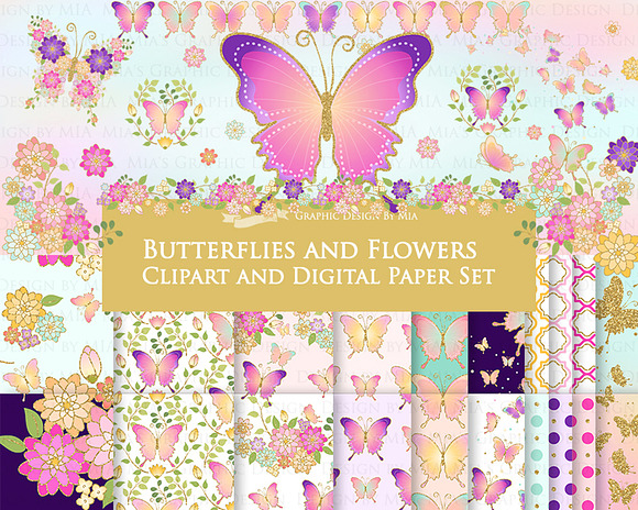 Butterflies and Flowers Gold Glitter in Illustrations - product preview 1