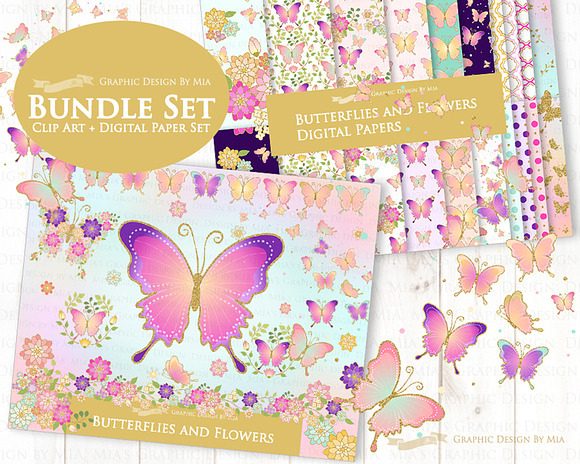 Butterflies and Flowers Gold Glitter in Illustrations - product preview 2