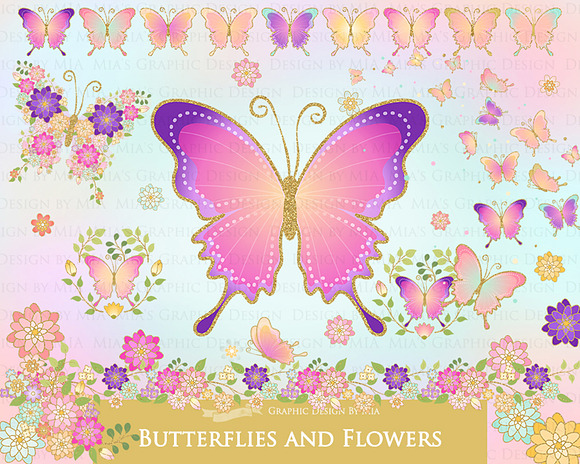 Butterflies and Flowers Gold Glitter in Illustrations - product preview 3