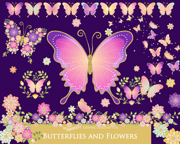 Butterflies and Flowers Gold Glitter in Illustrations - product preview 4