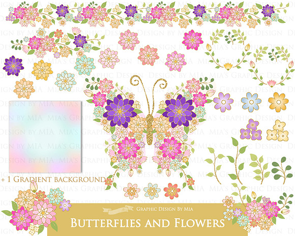 Butterflies and Flowers Gold Glitter in Illustrations - product preview 6
