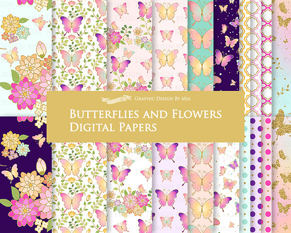 Butterflies and Flowers Gold Glitter in Illustrations - product preview 7