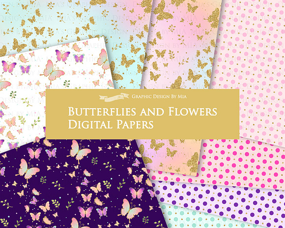 Butterflies and Flowers Gold Glitter in Illustrations - product preview 10