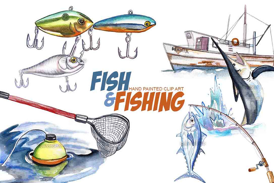 Fishing watercolor clip art