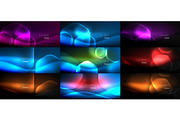 Set of abstract backgrounds - geometric neon glowing glass hexagons designs