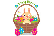 Easter bunny in a basket with eggs