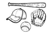 Baseball equipment engraving vector illustration
