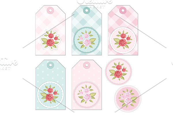 Vintage tags with roses in shabby chic style for scrap booking or as sale tags