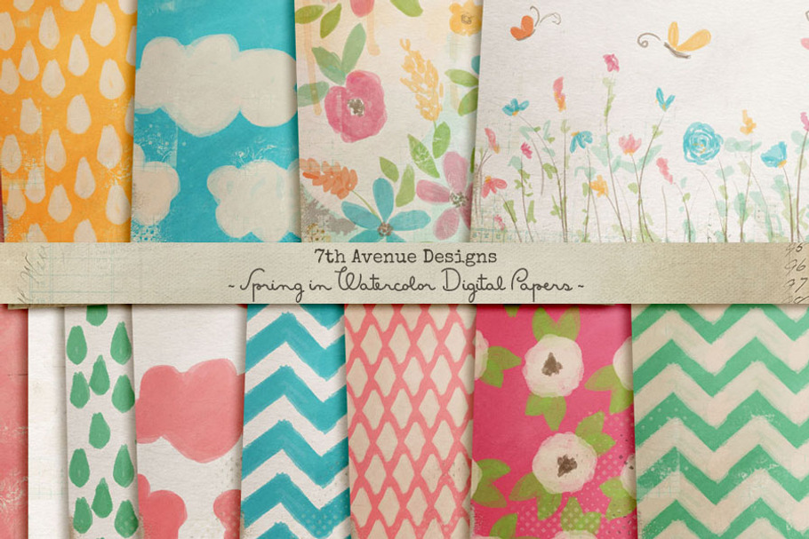 Spring in Watercolor Digital Papers in Patterns - product preview 8