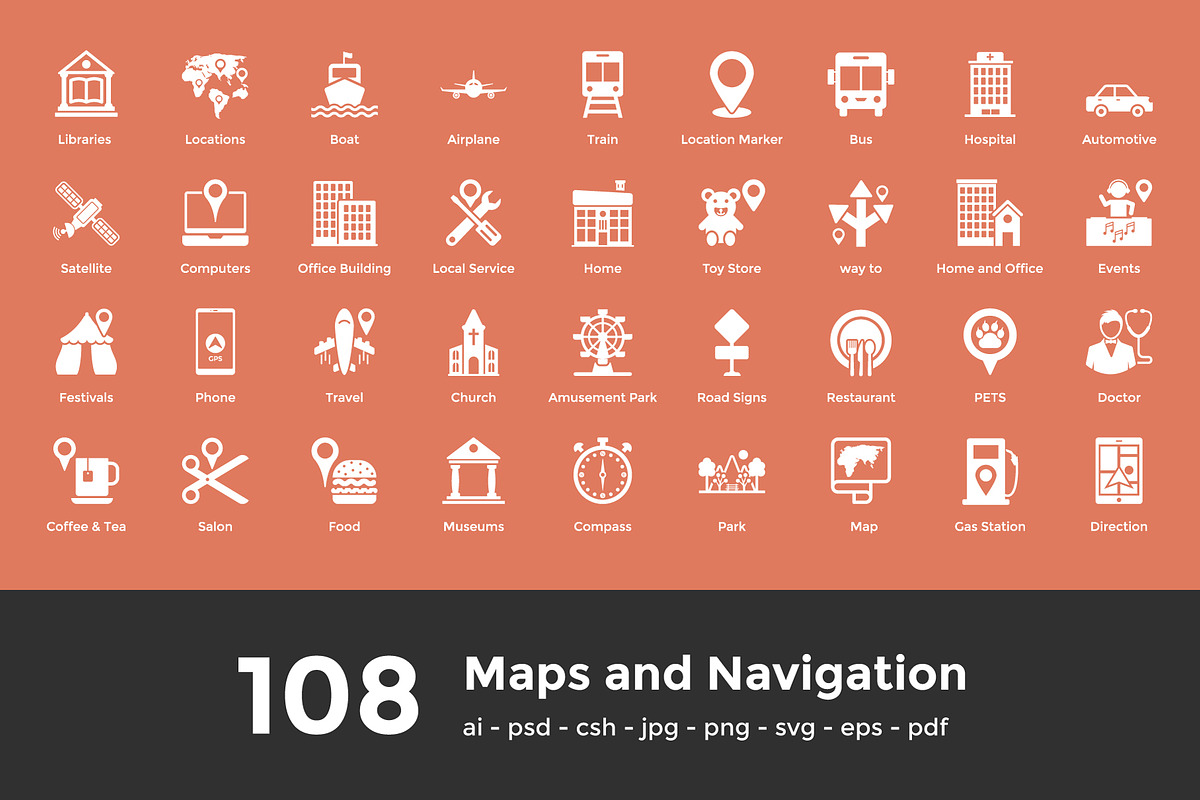 108 Maps and Navigation Icons in Graphics - product preview 8