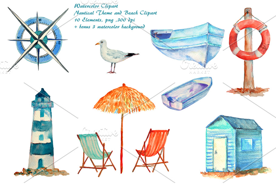Watercolor Nautical Clipart in Illustrations - product preview 8