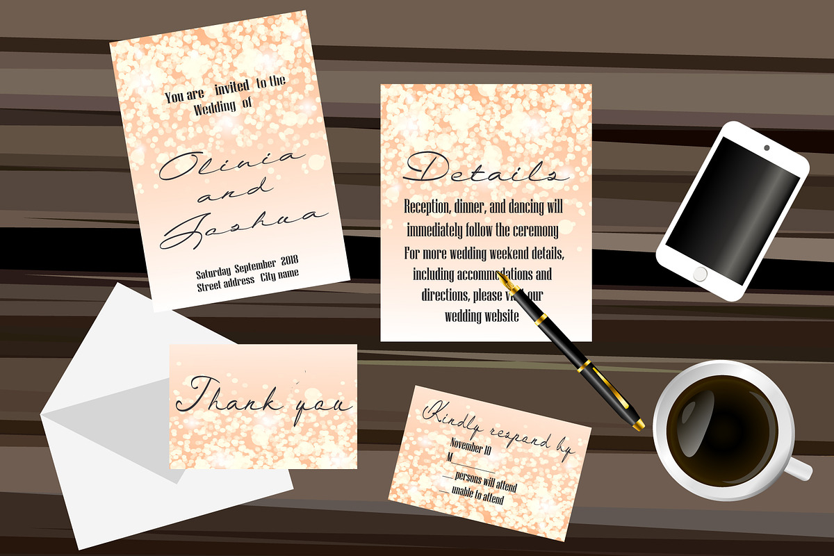 Bokeh lights Wedding invitation set in Postcard Templates - product preview 8