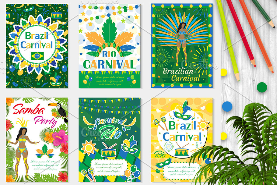 Welcome Brazil carnival set poster, invitation. Collection templates for your design with  mask, hat, feathers. Brazilian Festival, Masquerade background. Rio de Janeiro Travel concept. Vector in Objects - product preview 8