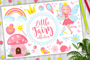 Little fairy set, cartoon style. Cute and mystical collection for girls with fairytale forest princess, magic wand, mushroom house, rainbow, mirror, birds, butterflies, flowers. Vector illustration