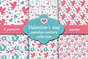 Happy Valentine's Day seamless pattern set. Collection Cute romantic love endless background. Cupid, heart, flowers, couple repeating texture. Vector illustration