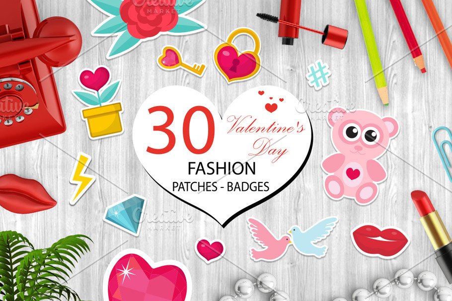 Happy Valentine's Day fashion icons set or stickers patches 80s comic style. Pins, badges collection cartoon pop art with cute symbol, heart, teddy bear, candy, kiss, gift, love. Vector illustration in Illustrations - product preview 8
