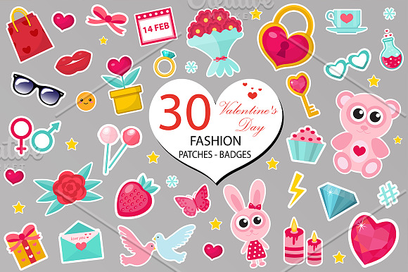 Happy Valentine's Day fashion icons set or stickers patches 80s comic style. Pins, badges collection cartoon pop art with cute symbol, heart, teddy bear, candy, kiss, gift, love. Vector illustration in Illustrations - product preview 1
