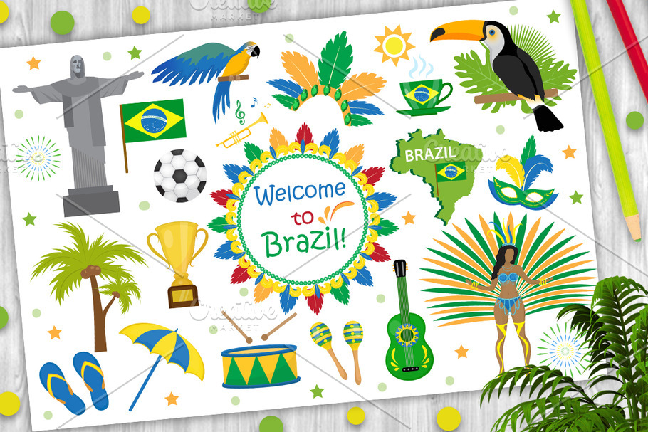 Brazilian carnival icons flat style. Brazil country travel tourism. Collection of design elements, culture symbols with toucan, parrot, rio de jeneiro monument, carnival costume. Vector illustration in Objects - product preview 8