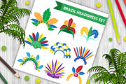 Brazil Feather Headband Headdress icons flat style. Headpiece Carnival, Samba Festival headwear. Isolated on white background. Vector illustration