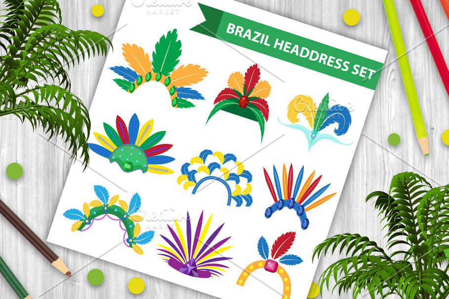 Brazil Feather Headband Headdress icons flat style. Headpiece Carnival, Samba Festival headwear. Isolated on white background. Vector illustration in Illustrations - product preview 8