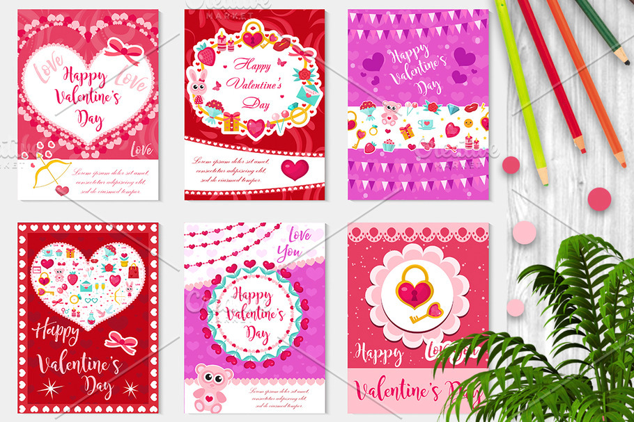 Happy Valentine's Day set poster, invitation, greeting card, background. St. Valentine's Day collection template for your design with space for text, hearts, romantic symbols. Vector illustration in Objects - product preview 8