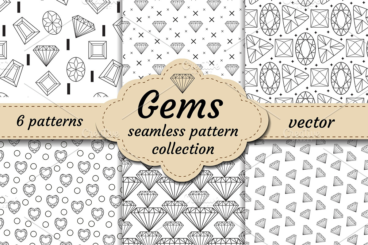 Diamond seamless pattern set, line, sketch, doodle style. Modern trendy endless background with jewelry. Gems repetitive texture. Gemstone wallpaper, backdrop, paper. Vector illustration in Illustrations - product preview 8