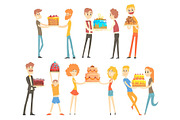 Set of happy and loving people celebrating anniversary with a festive cake colorful characters vector Illustrations