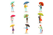People with umbrellas. Smiling man and woman walking under umbrella colorful characters vector Illustrations isolated on white background