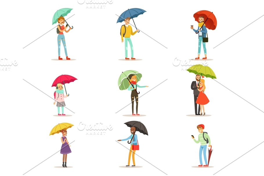 People with umbrellas. Smiling man and woman walking under umbrella colorful characters vector Illustrations isolated on white background