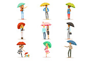 Set of people with colorful umbrellas. Smiling man and woman walking under umbrella colorful characters vector Illustrations